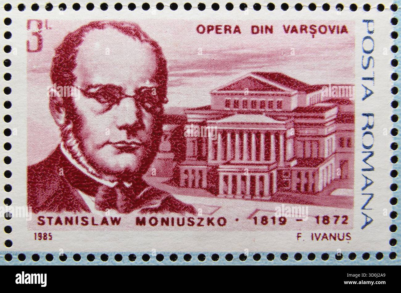 ISTANBUL, TÜRKEI - 03. JANUAR 2021: Rumänische Briefmarke zeigt Europäisches Musikjahr, Warschauer Oper, Stanislaw Moniuszko um 1984 Stockfoto