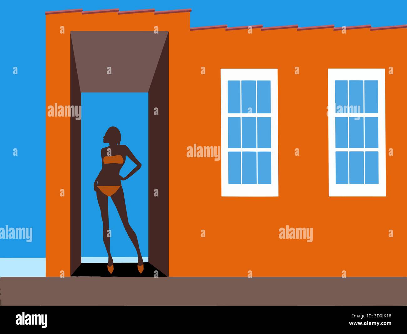 Eine junge Frau im Bikini steht in einem Portal vor einem leuchtend orangefarbenen Strandhaus in einer 3D-Illustration über das Leben am Meer. Stock Vektor