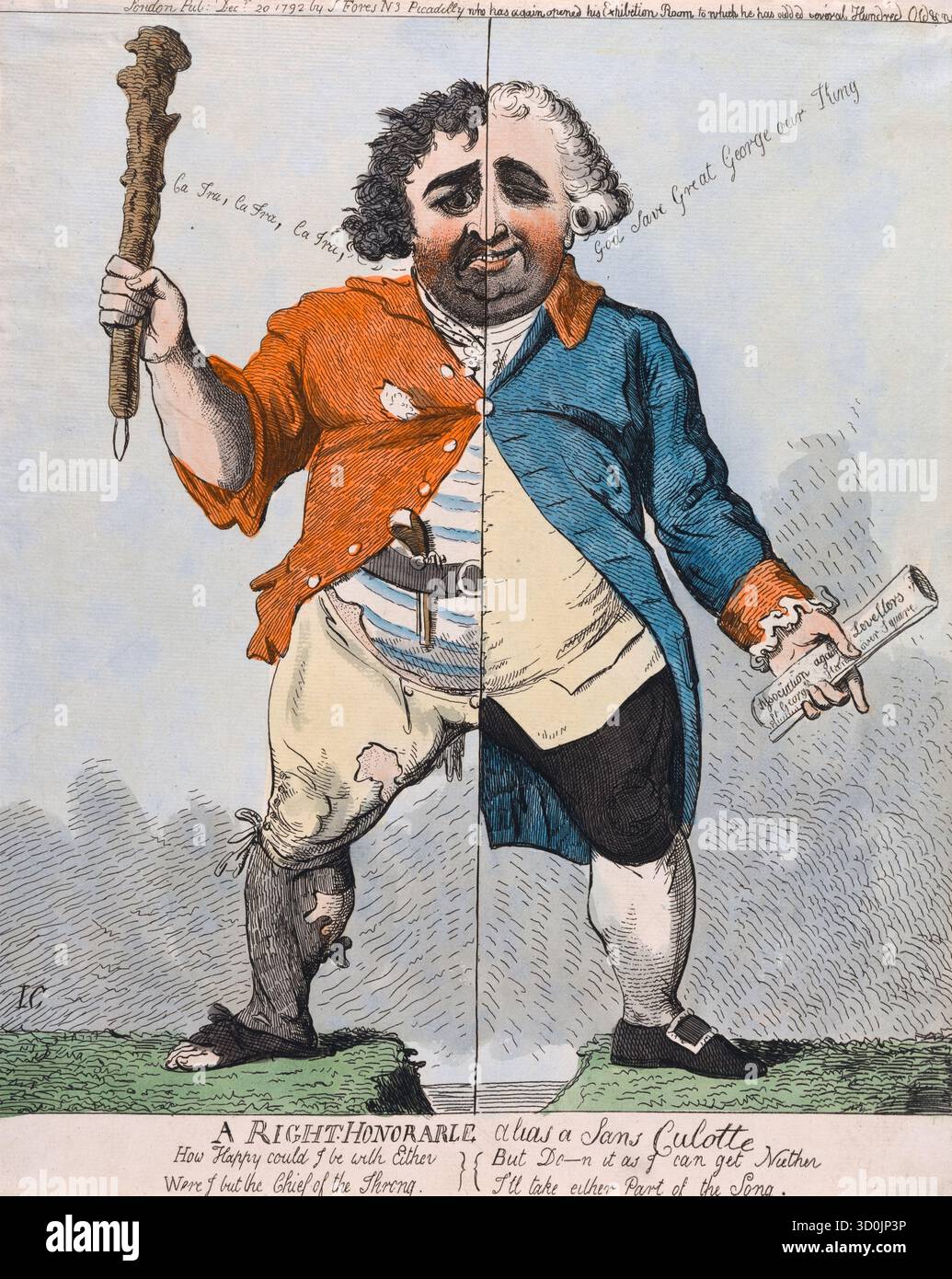 Politische Karikaturstich aus der georgianischen Zeit des 18. Jahrhunderts von Isaac Cruikshank, Ein rechtes ehrenvolles Alias a sans Coulotte, 1792 Vintage antike Druckkunst handfarbige Ätzung, Thema Charles James Fox veröffentlicht von S W Fores Stockfoto Politische Karikaturstich aus der georgianischen Zeit des 18. Jahrhunderts von Isaac Cruikshank, Ein rechtes ehrenvolles Alias a sans Coulotte, 1792 Vintage antike Druckkunst handfarbige Ätzung, Thema Charles James Fox veröffentlicht von S W Fores Stockfoto