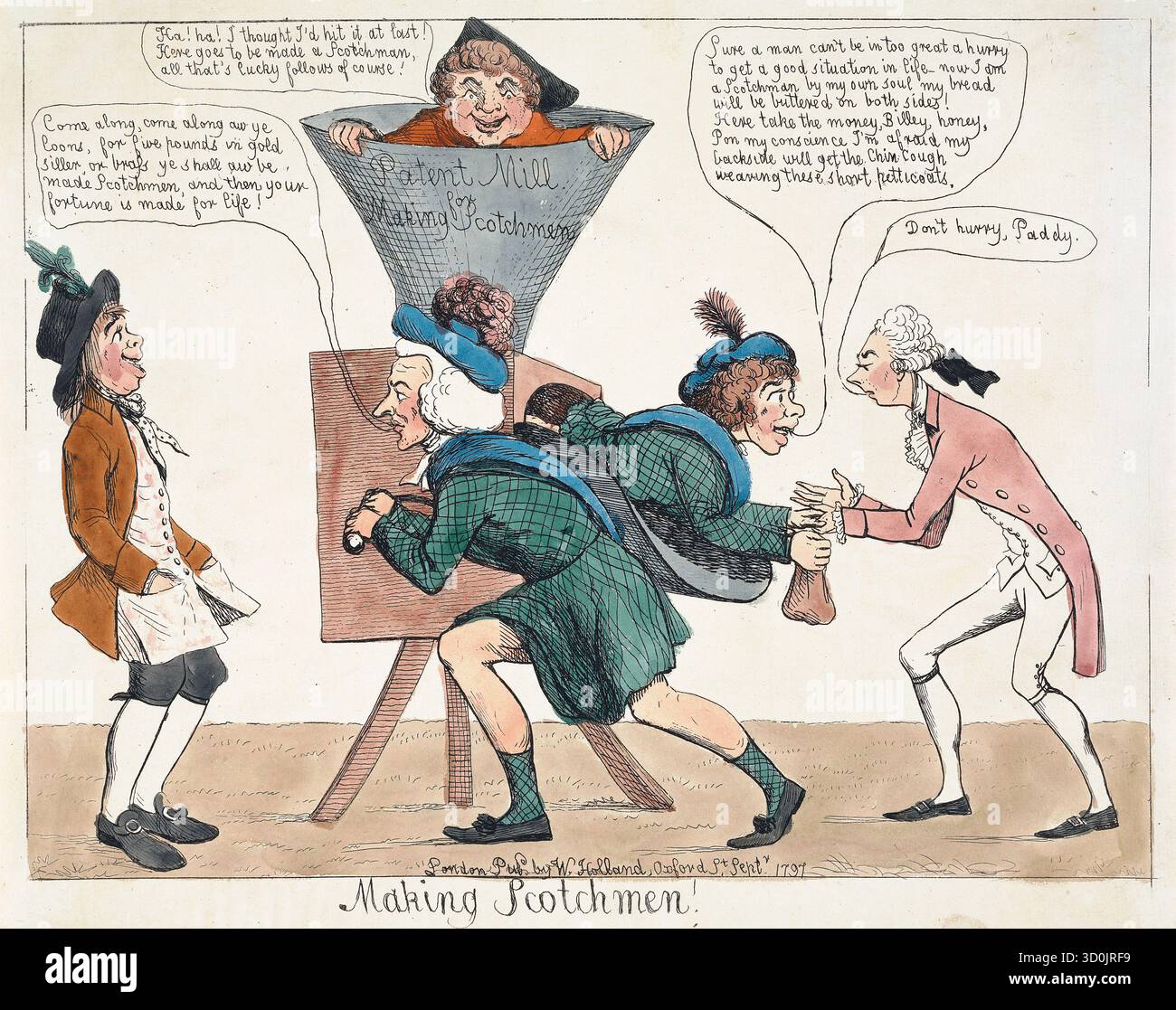 Ein farbiger Druck, der Scotchmen unbekannten Künstler 1797 aus der georgischen Zeit der historischen Perspektive des 18. Jahrhunderts herstellt, graviert handfarbene alte alte antike Prints-Cartoon-Kunstwerke, die von William Holland veröffentlicht wurden Stockfoto