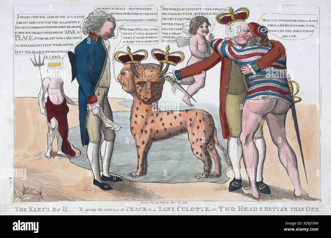 Ein farbiger Druck des Auserwählten r ot H R, der einer Sans Culotte die Umarmung des Friedens gibt, oder zwei Köpfe besser als einer, unbekannter Künstler 1795 politische Satire aus der georgischen Ära historische Perspektive Ätzung handfarbige Kunstwerke alter antiker Druck-Cartoon veröffentlicht von R Hunt, Thema König Georg III. - Kurfürst des Heiligen Römischen Reiches Stockfoto