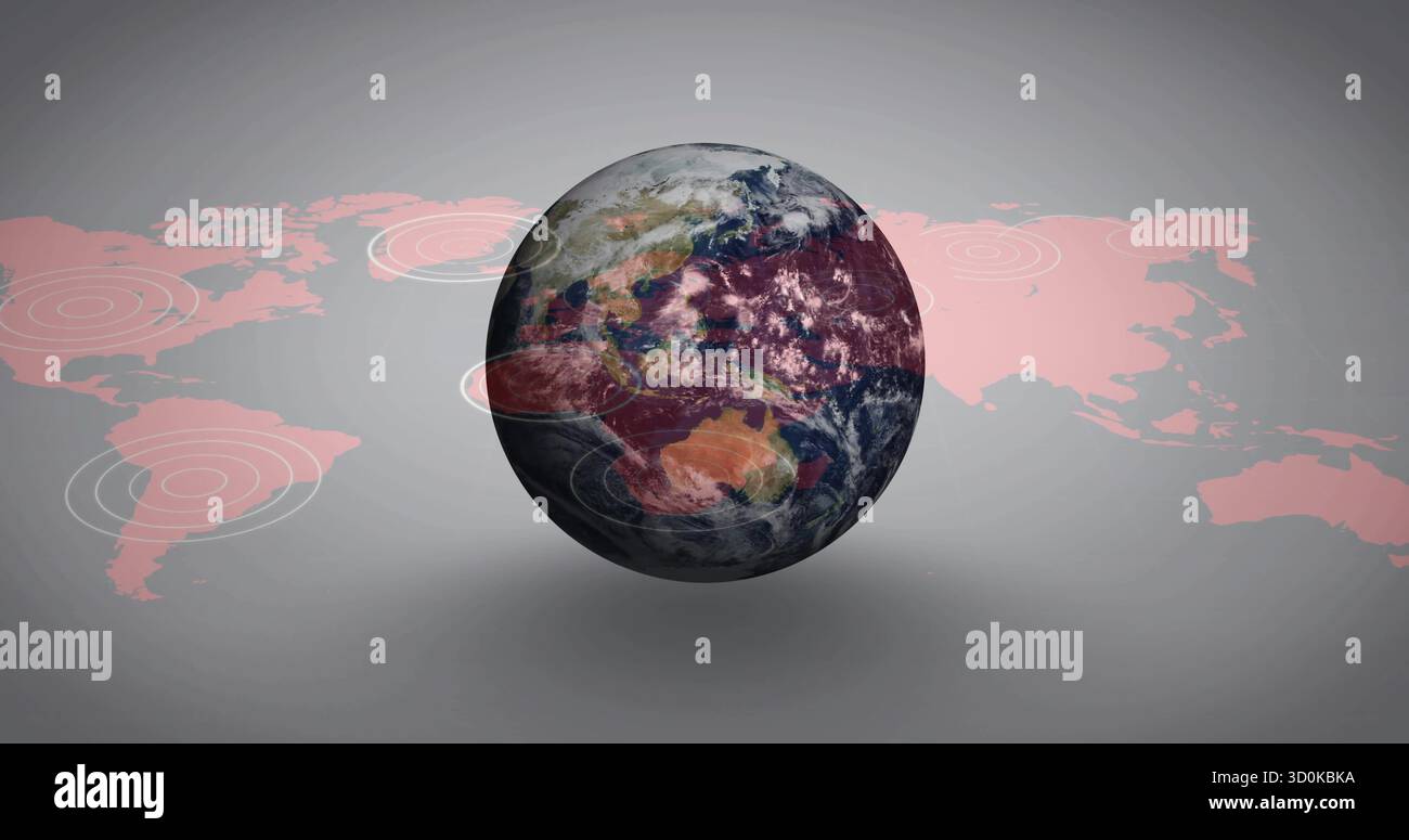 Anzeige der 3D-Erdkugel mit roter Markierung im Daten-Dashboard, rosa Weltkarte und Hotspot-Markierungen. Geospatial, Analytics, digital, futuristisch, Networ Stockfoto