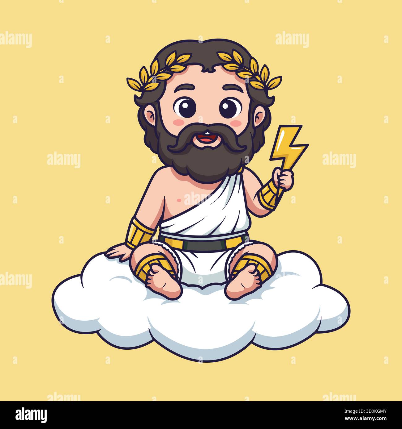 Niedliches Baby Zeus, das auf Wolke sitzt und Blitz hält – Vektor-Illustration Stockfoto