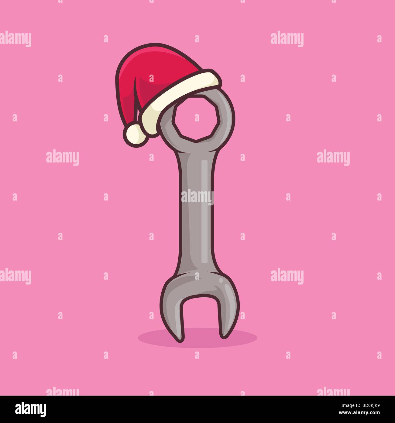 Cartoon-Schraubenschlüssel mit Weihnachtsmann-Hut. Perfekter festlicher Vektor für Maschinenbauingenieure, Werkstätten und industrielles Weihnachts- oder Weihnachtsdesign Stock Vektor