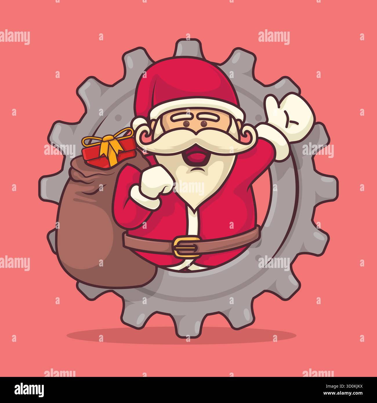 Cartoon Santa Claus winkt aus einer Ausrüstung, während er eine Geschenktüte trägt. Perfekte Weihnachtsillustration für Maschinenbauingenieure und industrielle Arbeiten Stock Vektor
