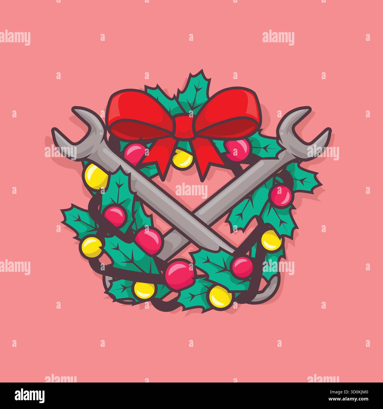 Moderner Weihnachtskranz in Zeichentrickfilmen mit Kreuzschlüssel. Perfekter festlicher Vektor für Maschinenbauingenieure, Werkstätten und industrielle Feiertage Stock Vektor