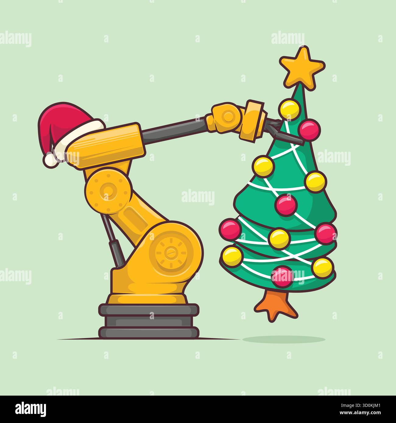 Gelber Roboterarm, der einen Weihnachtsmann-Hut trägt, der einen Weihnachtsbaum hebt. Perfekter festlicher Vektor für Maschinenbauingenieure, Automatisierung und Industrieurlaub t Stock Vektor