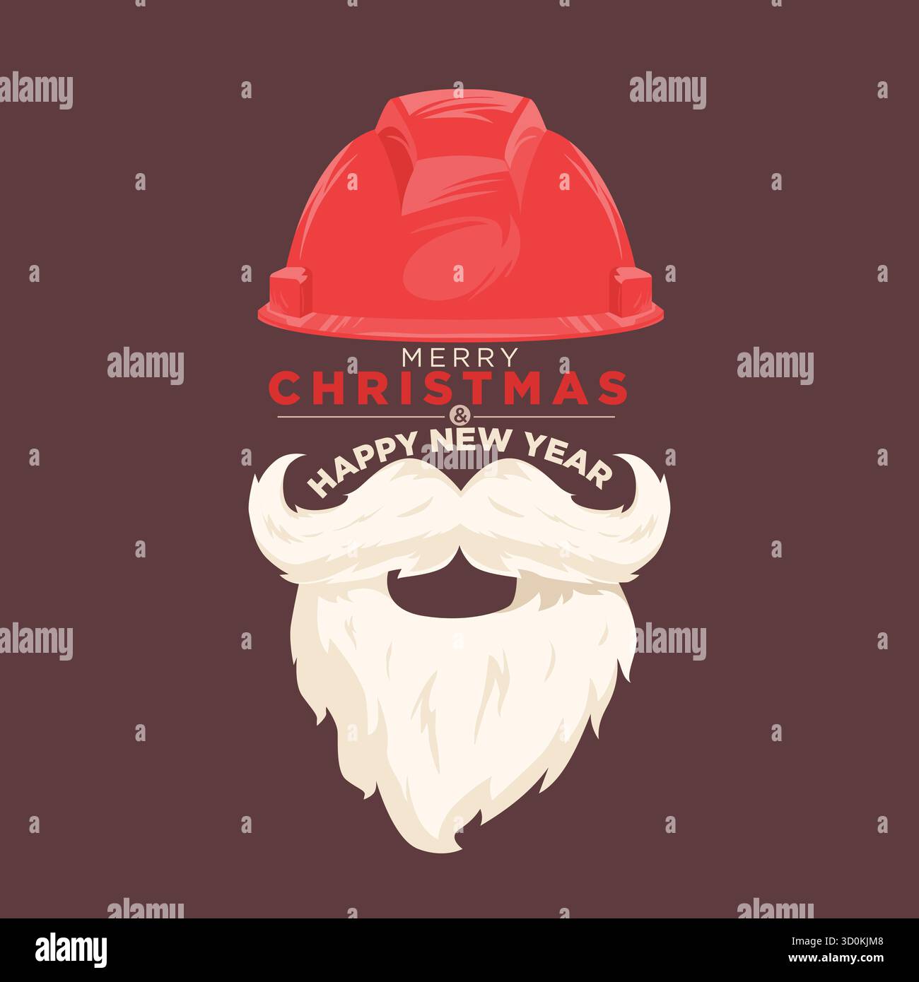 Abstrakter roter Schutzhelm mit Weihnachtsbart und Schnurrbart-Design mit der Aufschrift „Wir wünschen Ihnen frohe Weihnachten und ein frohes neues Jahr“. Perfekt für den Tiefbau h Stock Vektor