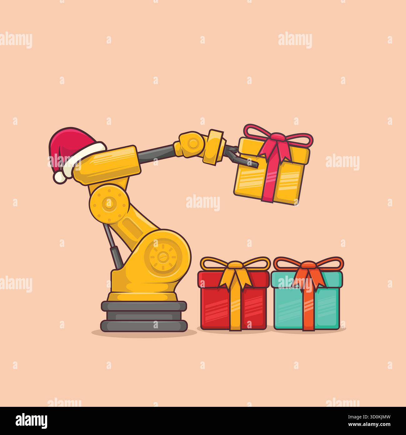 Gelber Roboterarm mit Weihnachtsmann-Hut, der eine Weihnachtsgeschenkbox mit Band vorbereitet. Perfekter festlicher Vektor für Maschinenbauingenieure und industrielle holi Stock Vektor