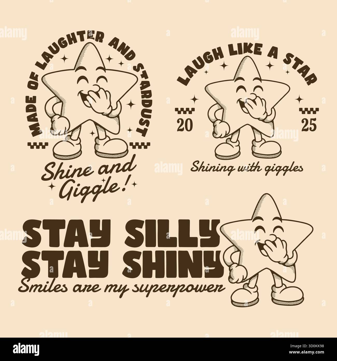 Ein lächelnder Cartoonstar mit fröhlicher Botschaft und Retro-Schriftzug, perfekt für T-Shirts, Aufkleber und verspieltes Branding Stock Vektor