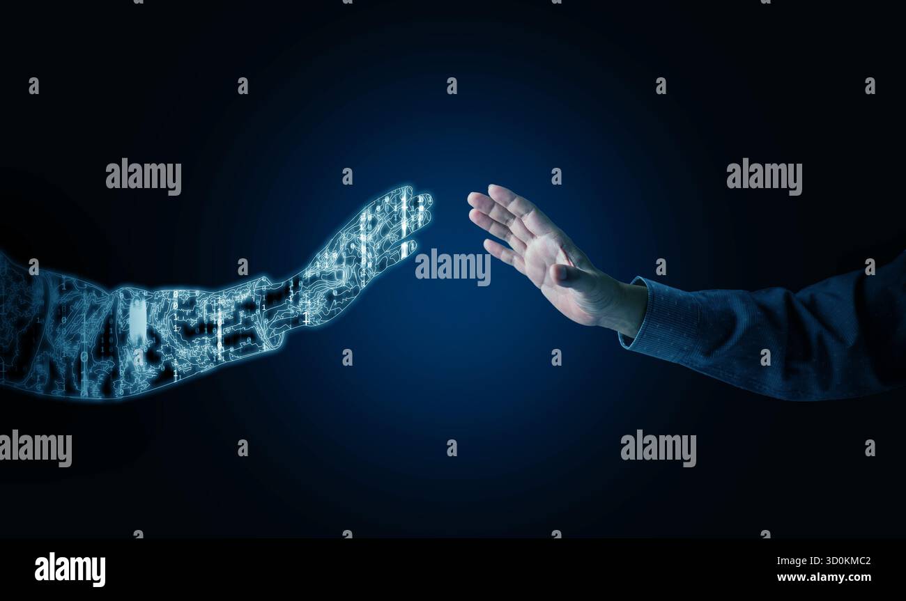 Konzept der menschlichen und digitalen Zwillingsinteraktion unter futuristischem Blaulicht, das KI-Kooperation, intelligente Technologie und digitale Transformation repräsentiert i Stockfoto