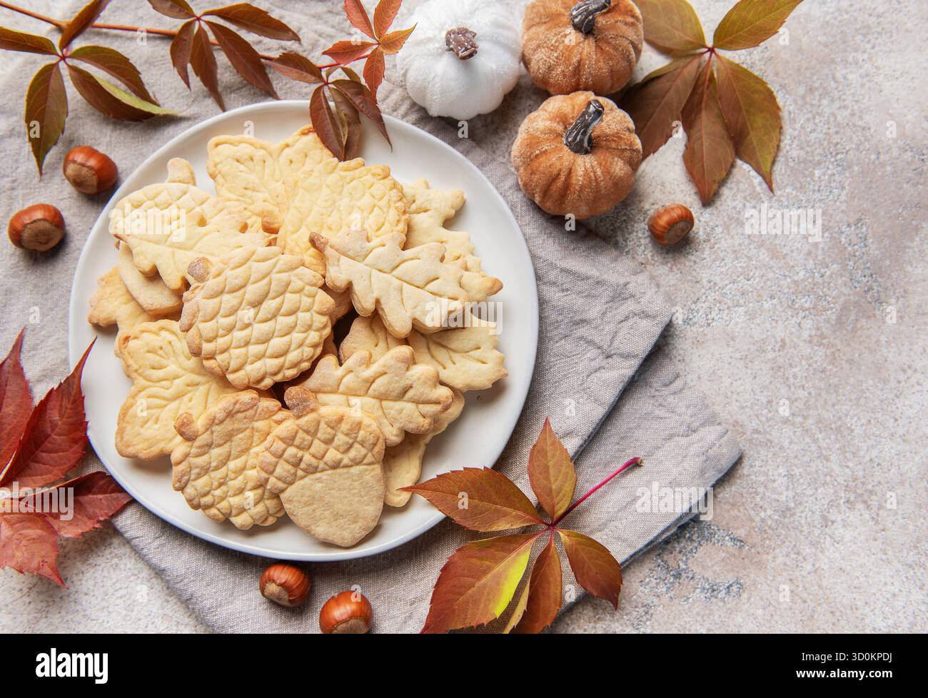 Hausgemachte Herbstkekse mit festlicher Einrichtung für gemütliche Herbststimmung Stockfoto