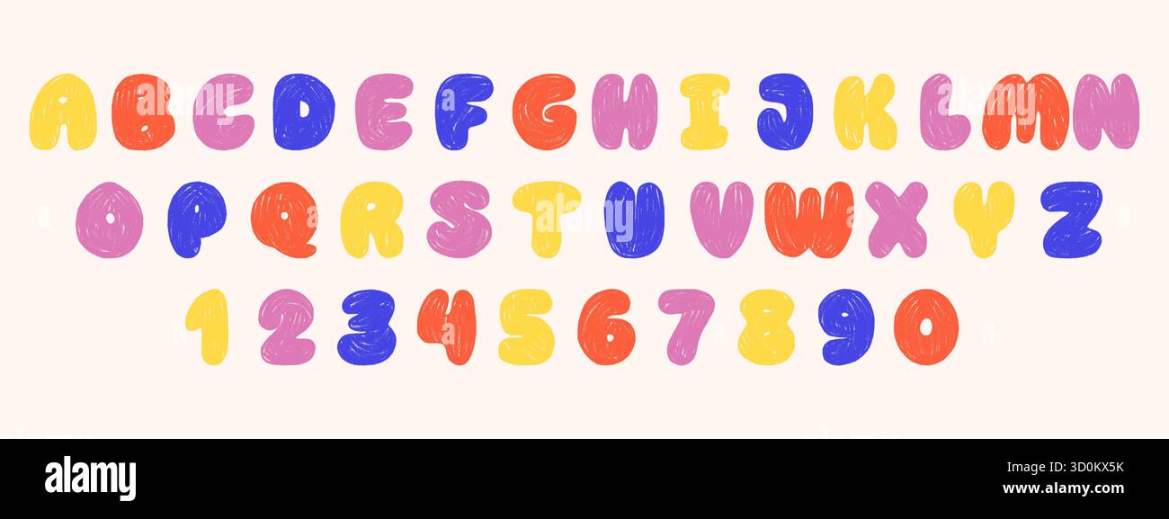 Niedliches Buntstift-Alphabet und Zahlen. Bunte Kinderschriftart mit Kreide- und Bleistiftstruktur. Kindliche, verspielte Kritzeleien Stock Vektor