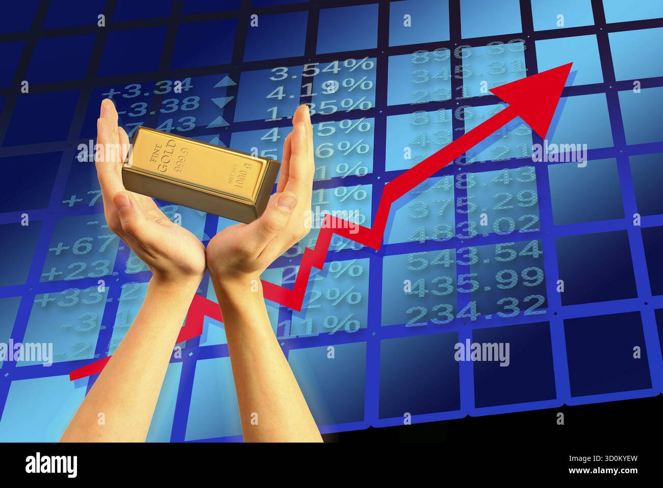 Symbolisches Foto, Hände heben Goldbarren, stabiler Wert, Risiken, Crash oder Aufschwung, Finanzwirtschaft, Börse, Trump als Risiko für die USA, Banken, Geld Stockfoto