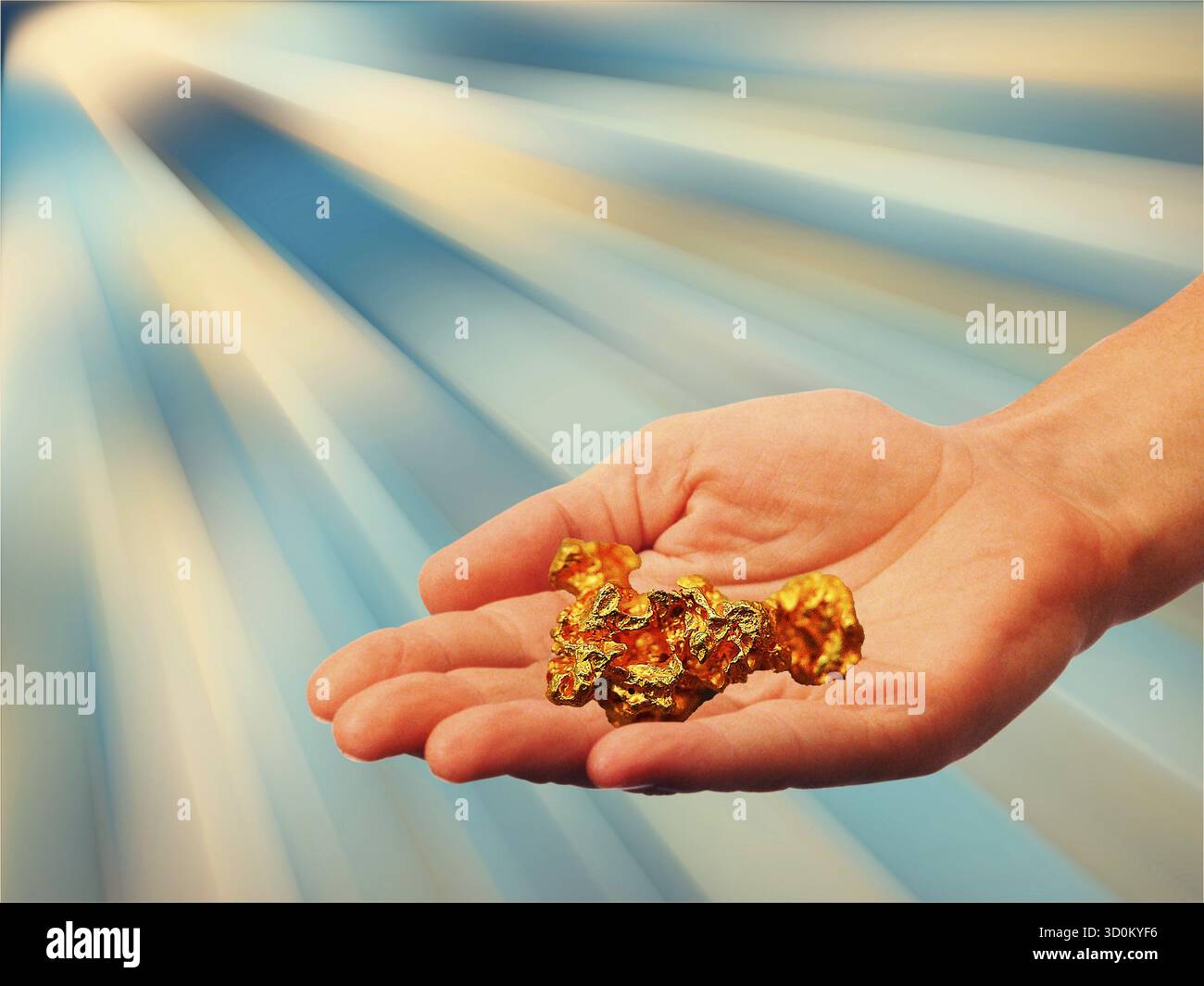 Symbolisches Foto, Hand mit Goldnugget, stabiler Wert, Risiken, Crash oder Aufschwung, Finanzwirtschaft, Börse, Trump als Risiko für die USA, Banken, Geld f Stockfoto