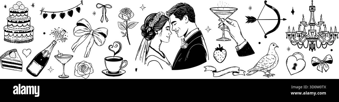 Wunderbares Hochzeitsset. Handgezeichneter Vintage-Kuchen, Rose, Champagner, romantisches Paar, Schleifen und elegante Party-Doodle-Ikonen im Skizzenstil Stock Vektor