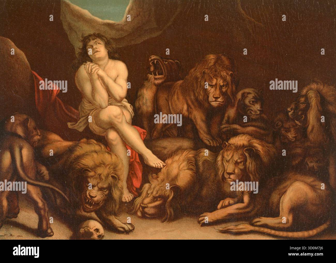 Biblische Szene, Bibel, Daniel in der Löwenhöhle, biblische Erzählung, in der der Prophet Daniel von eifersüchtigen Höflingen in eine Löwenhöhle geworfen wird, weil er sich weigert, einem neuen Gesetz zu folgen, das nur dem König Gebet erlaubt. Illustration, Reproduktion eines Originals aus dem 19. Jahrhundert. Authentisch, Datei für optimale Verwendung restauriert, exaktes Datum des Originals unbekannt, historisch Stockfoto