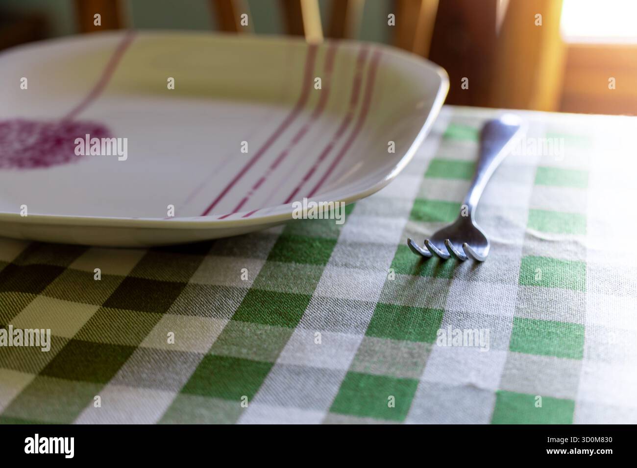 Eine Gabel und ein dekoriertes Geschirr befinden sich auf einer grün-weiß karierten Tischdecke. Warmes Licht kommt durch das Fenster Stockfoto