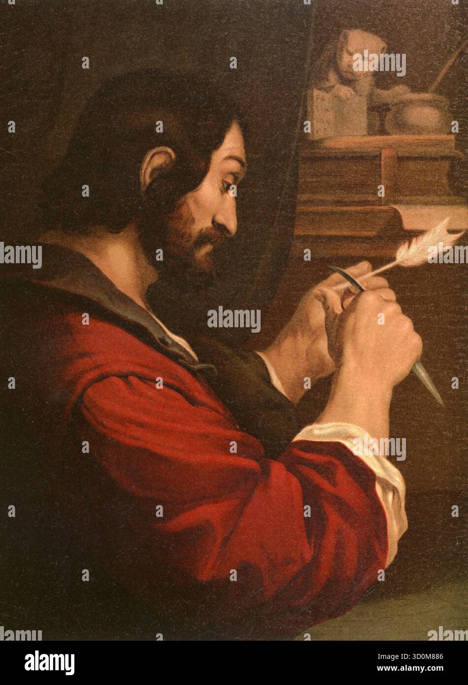 Biblische Szene, Bibel, das Evangelistenzeichen, der mutmaßliche Autor des gleichnamigen Evangeliums, gilt als das älteste der vier Evangelien des Neuen Testaments. Obwohl er kein direkter Jünger Jesu war, basiert sein Werk traditionell auf den Berichten und Predigten des Apostels Petrus. Illustration, Reproduktion eines Originals aus dem 19. Jahrhundert. Authentisch, Datei für optimale Verwendung wiederhergestellt, exaktes Datum des Originals unbekannt. Historisch Stockfoto