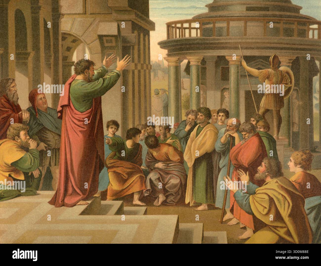 Die biblische Szene, die Bibel, die Predigt des Paulus in Athen, auch bekannt als die Areopagus-Rede, fand auf dem Areopagus-Hügel statt, wo Paulus die Botschaft eines unbekannten Gottes an die Athener verkündete. Illustration, Reproduktion eines Originals aus dem 19. Jahrhundert. Authentisch, Datei für optimale Verwendung wiederhergestellt, exaktes Datum des ursprünglichen unbekannten, historisch Stockfoto