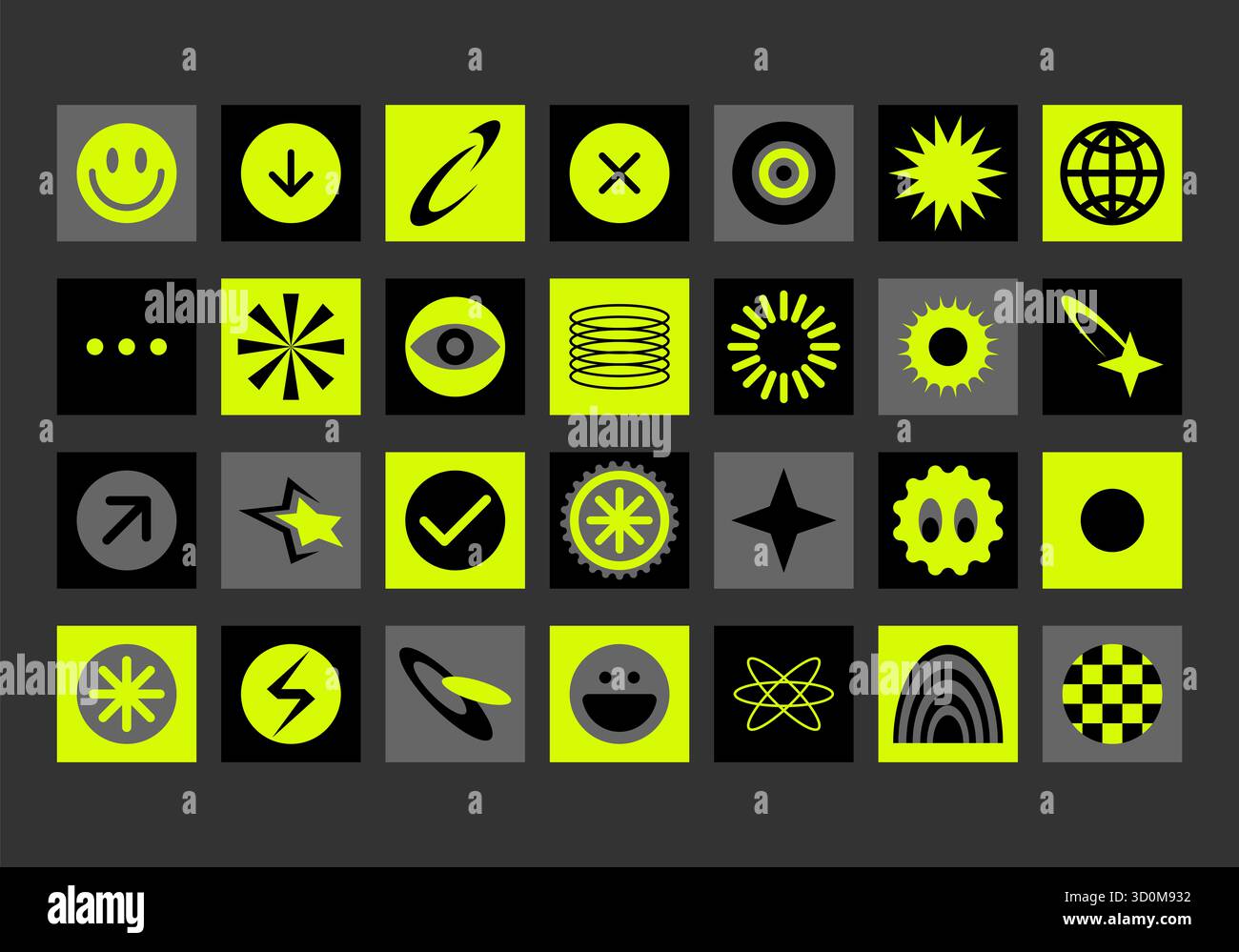 Modische, verspielte Pixel Y2K-Aufkleber. Futuristische Retro-Designelemente im Geiste der Ästhetik der 90er Jahre. Einstellen von 8-Bit-Symbolen für Neon, UX und UI-Schnittstelle. Stockfoto