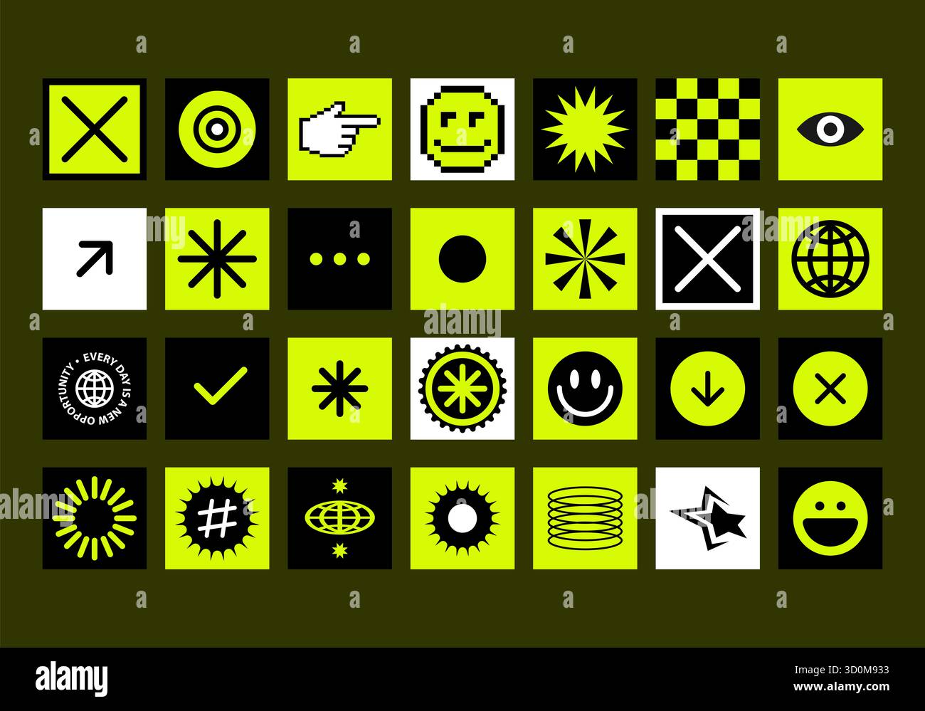 Modische und verspielte Pixel Y2K-Aufkleber. Futuristische Retro-Designelemente im Geiste der Ästhetik der 90er Jahre. Einstellen von 8-Bit-Symbolen für Neon. Benutzeroberfläche. Stockfoto