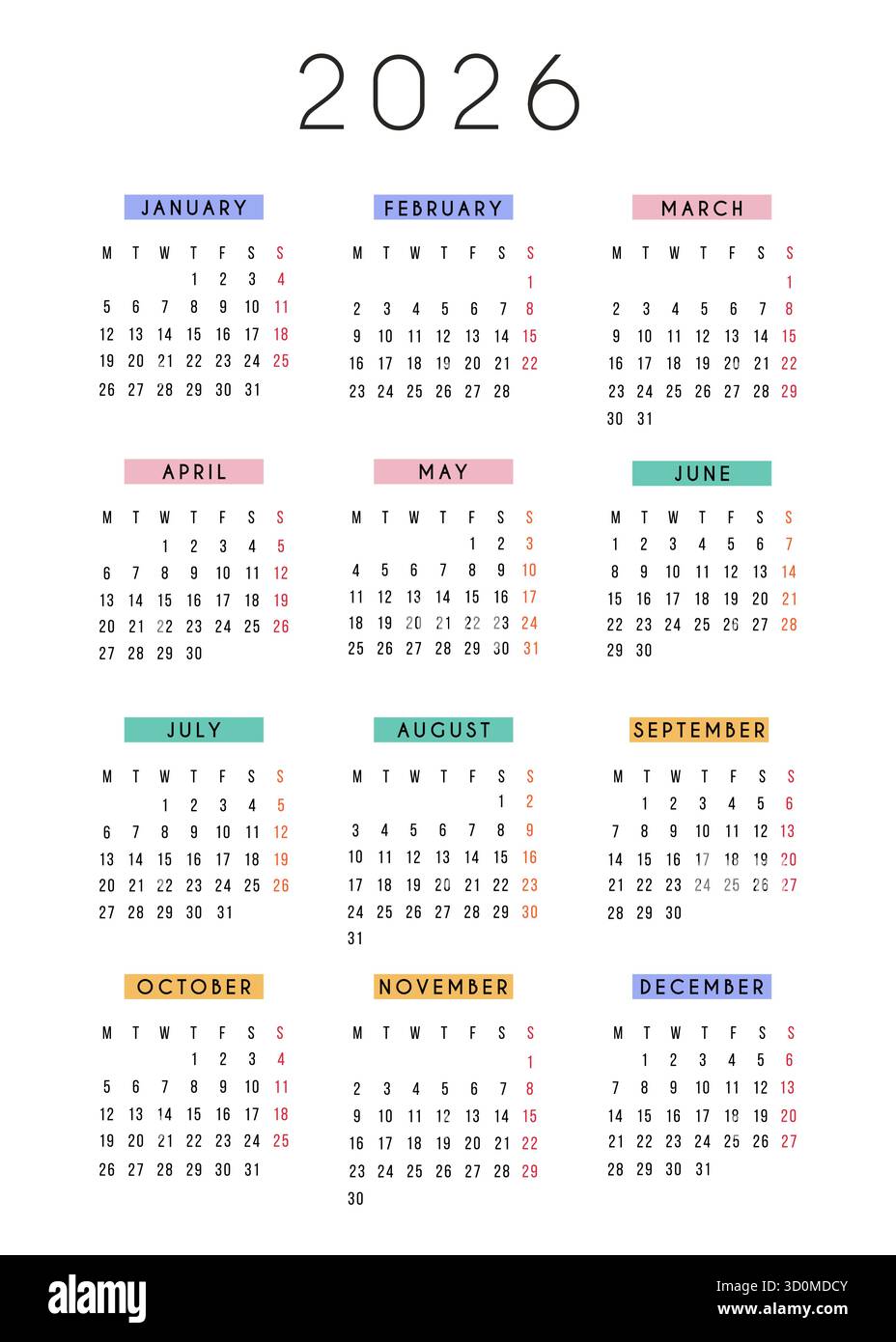 Kalender 2026 mit elegantem, modernem Design und farbenfrohen Monatsüberschriften in englischer Sprache. Druckbarer Jahresplaner für zu Hause, Arbeit, Schule, privat Stock Vektor