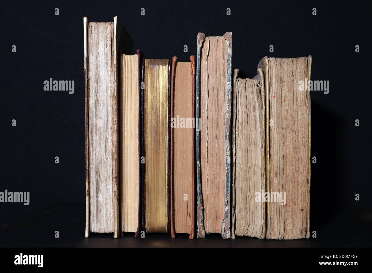 Eine Reihe von sieben verschiedenen Vorderkanten von antiken und Vintage-Büchern, die eine Reihe von Beschädigungen, Alterungs- und Bindungsstilen (vergoldetes und grobes Papier) zeigen. Stockfoto