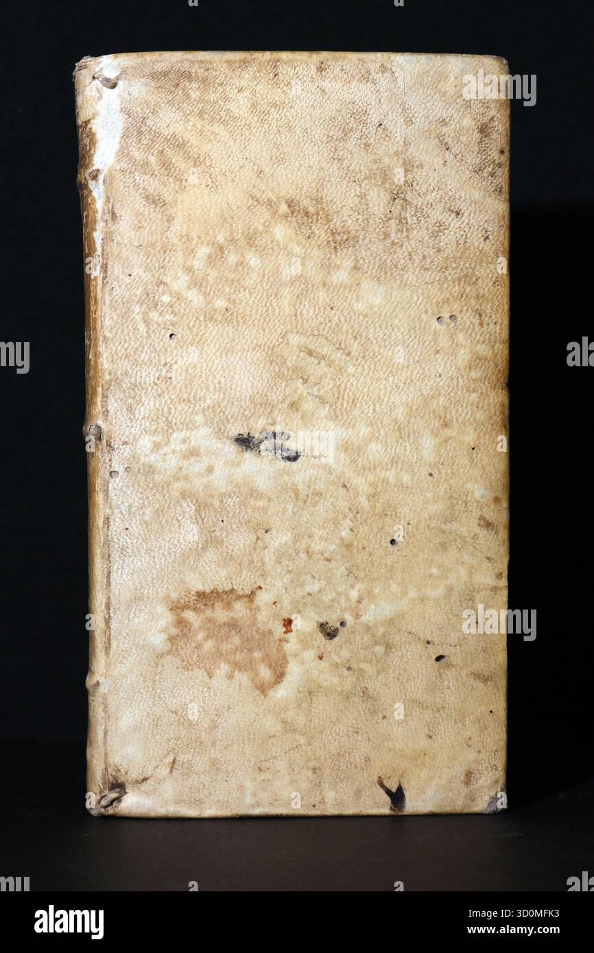 Unverschmückter, strukturierter Umschlag eines sehr alten Buches, wahrscheinlich gebunden in rauem Pergament oder hellem, kieselfarbenem Leder. Abnutzung, Flecken und Alterung der Feavy Stockfoto
