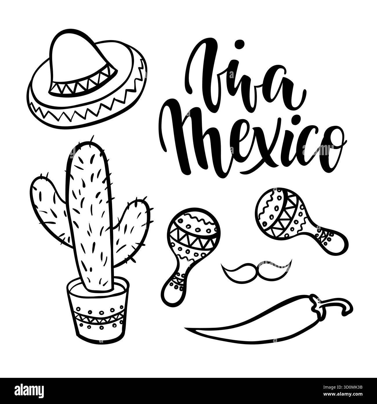 Viva Mexiko. Handgezeichneter Text mit mexikanischen Symbolen auf Hintergrund. Designelement für Poster, Ankündigung, Einladung Stock Vektor