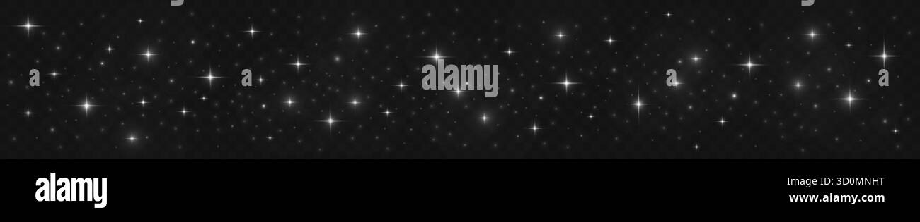 Galaxy Particle Glitter Panorama mit verstreuten weißen Funkeln und leuchtenden Sternen auf tiefschwarzem kosmischen Hintergrund. Himmelsstaub, funkelndes Sternenlicht auf breiter horizontaler Nachthimmel-Bannerkomposition. Stock Vektor