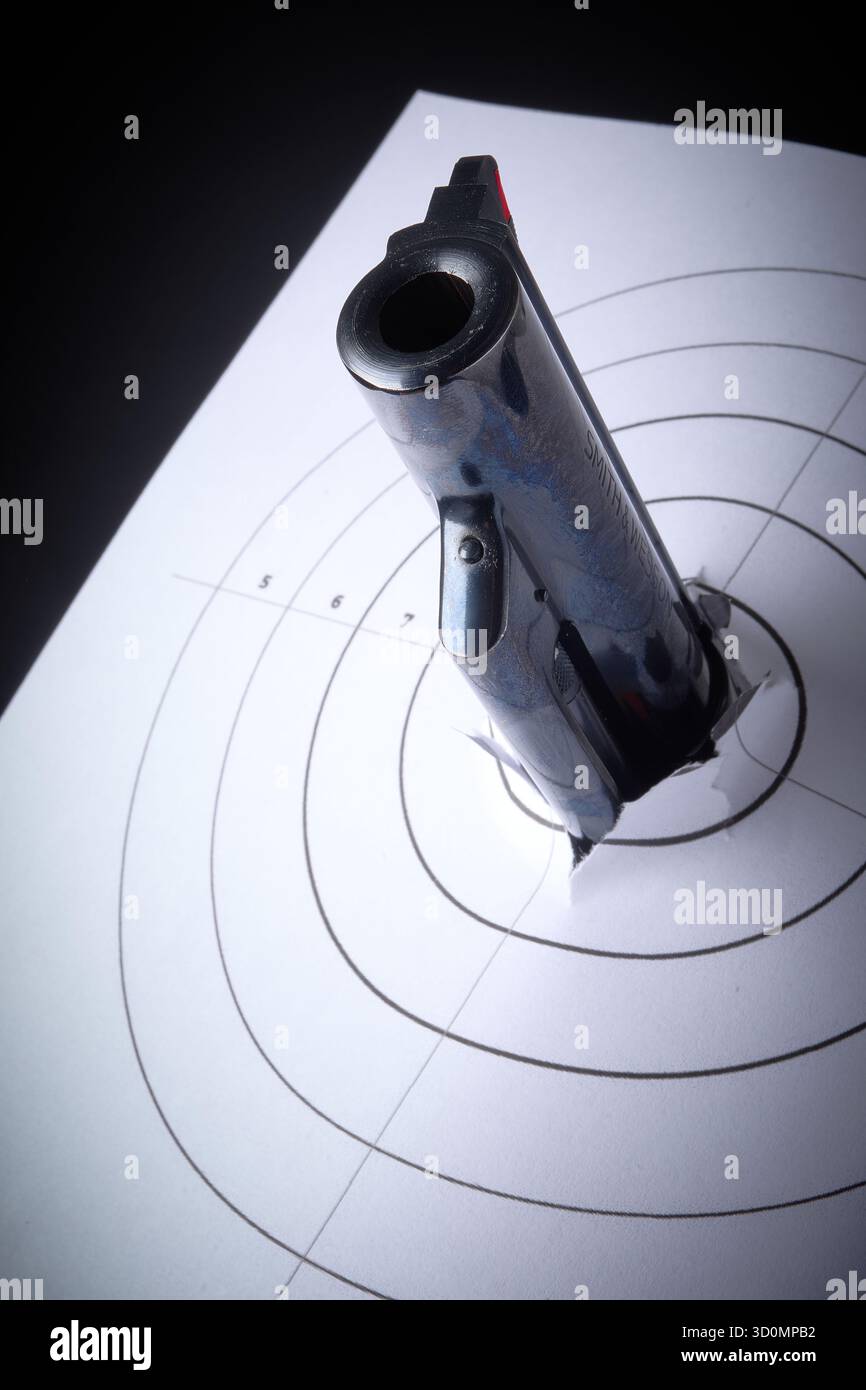 Pistole und Ziel, .41 Smith & Wesson Magnum, Waffenkontrolle Stockfoto