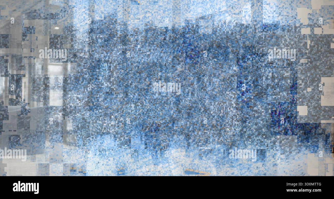 Abstraktes digitales Glitchmosaik über bildschirmartige Oberfläche mit strukturiertem Rauschen Stockfoto
