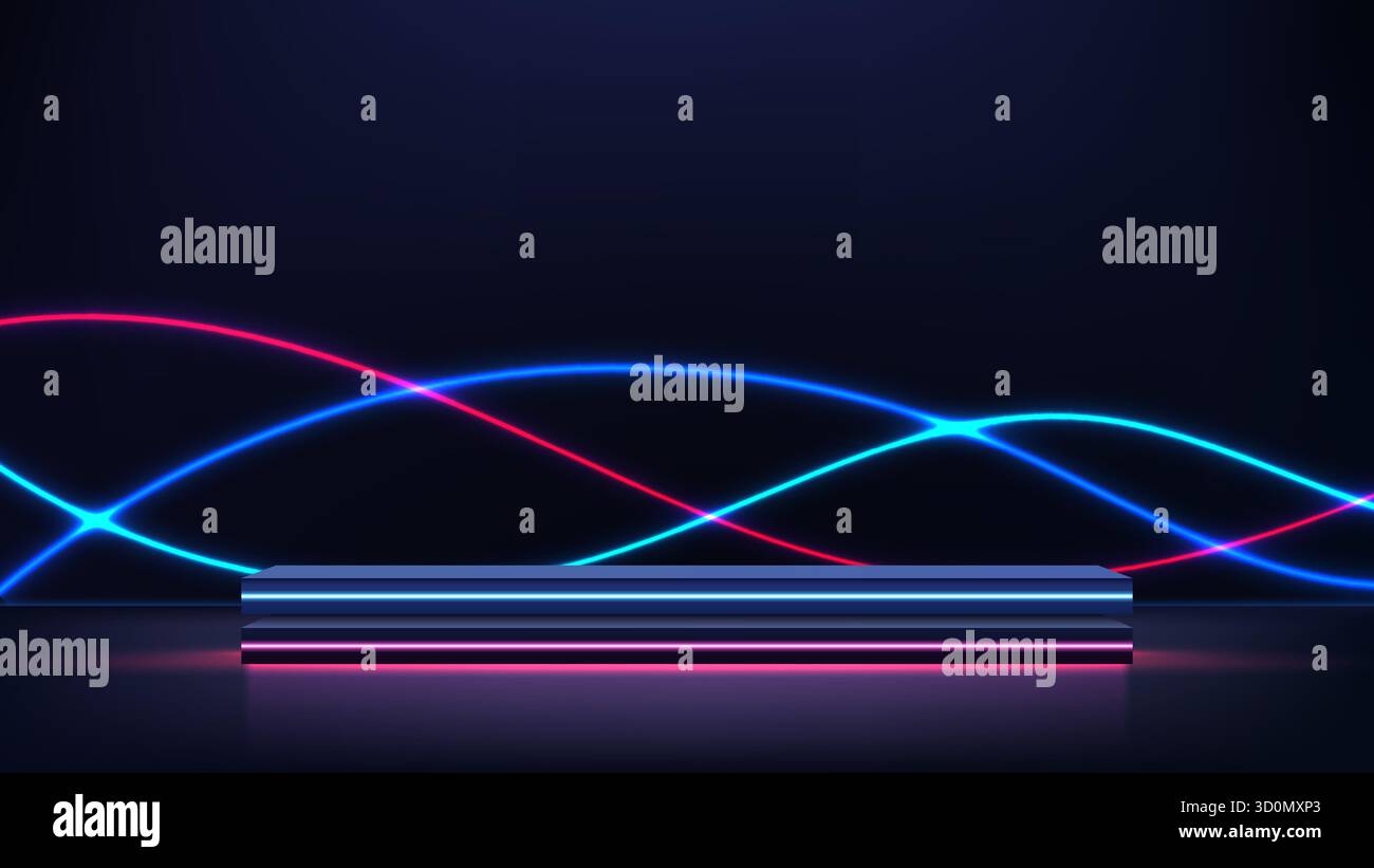 Neon Light Product Display Podium minimalistisches futuristisches Tech Showcase Mockup mit ineinander verflochtenen roten und blauen Sinuswellen auf dunklem Hintergrund für Werbung Stock Vektor