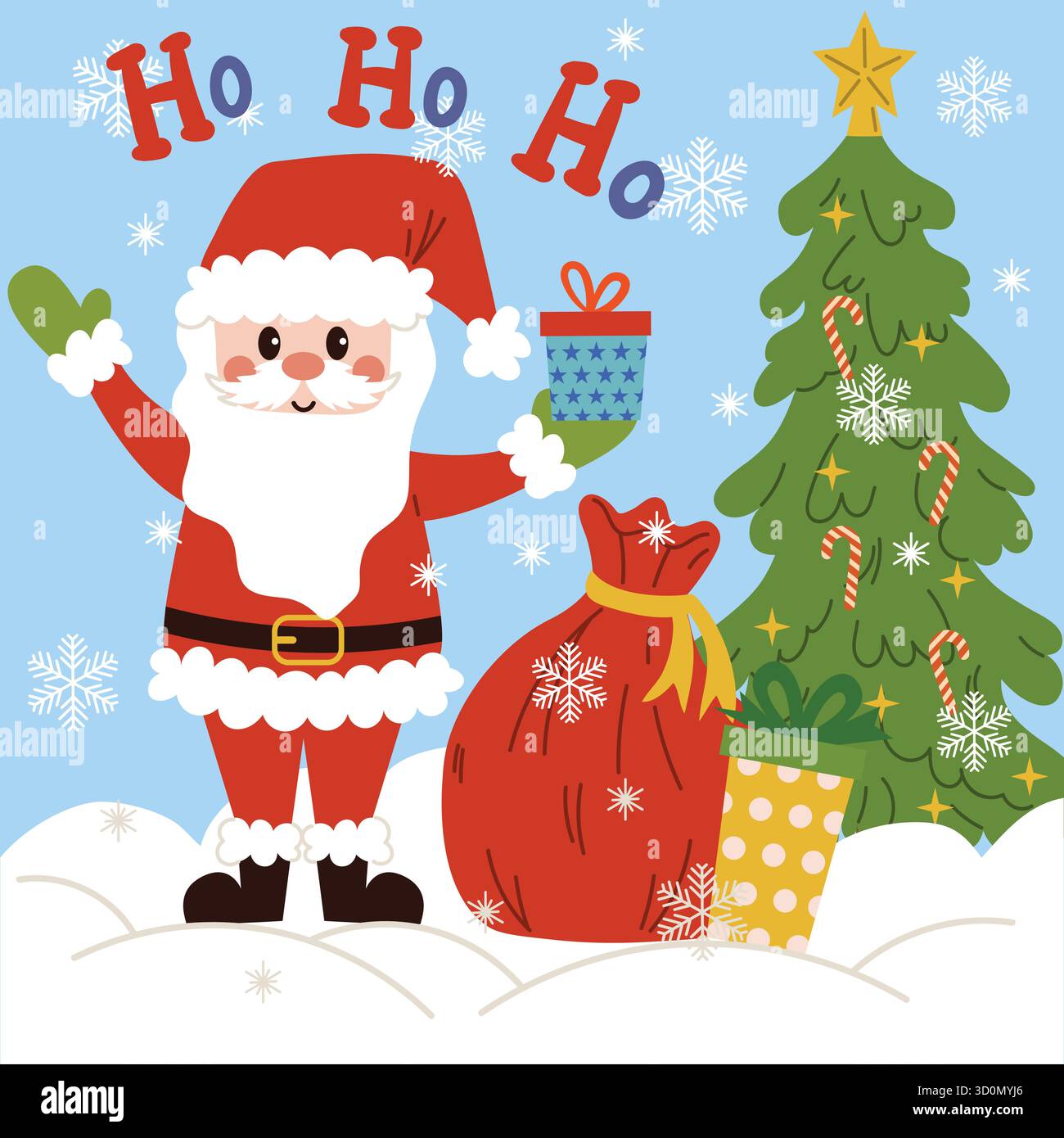 Quadratische Weihnachtskarte mit der Szene eines fröhlichen Weihnachtsmanns, der ho-ho-ho sagt, und einem Sack mit Geschenken vor dem Hintergrund eines Weihnachtsbaums und fallendem Weihnachtsbaum Stock Vektor