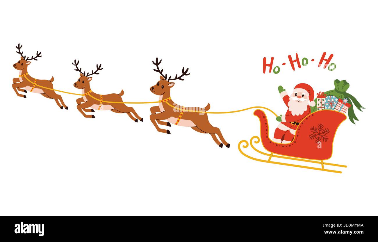 Glücklicher Weihnachtsmann im Cartoon Flat Style auf Schlitten mit Rentieren und einem Sack voller Geschenke, die winken und ho-ho-ho sagen. Flaches Zeichentricksymbol, Perfe Stock Vektor