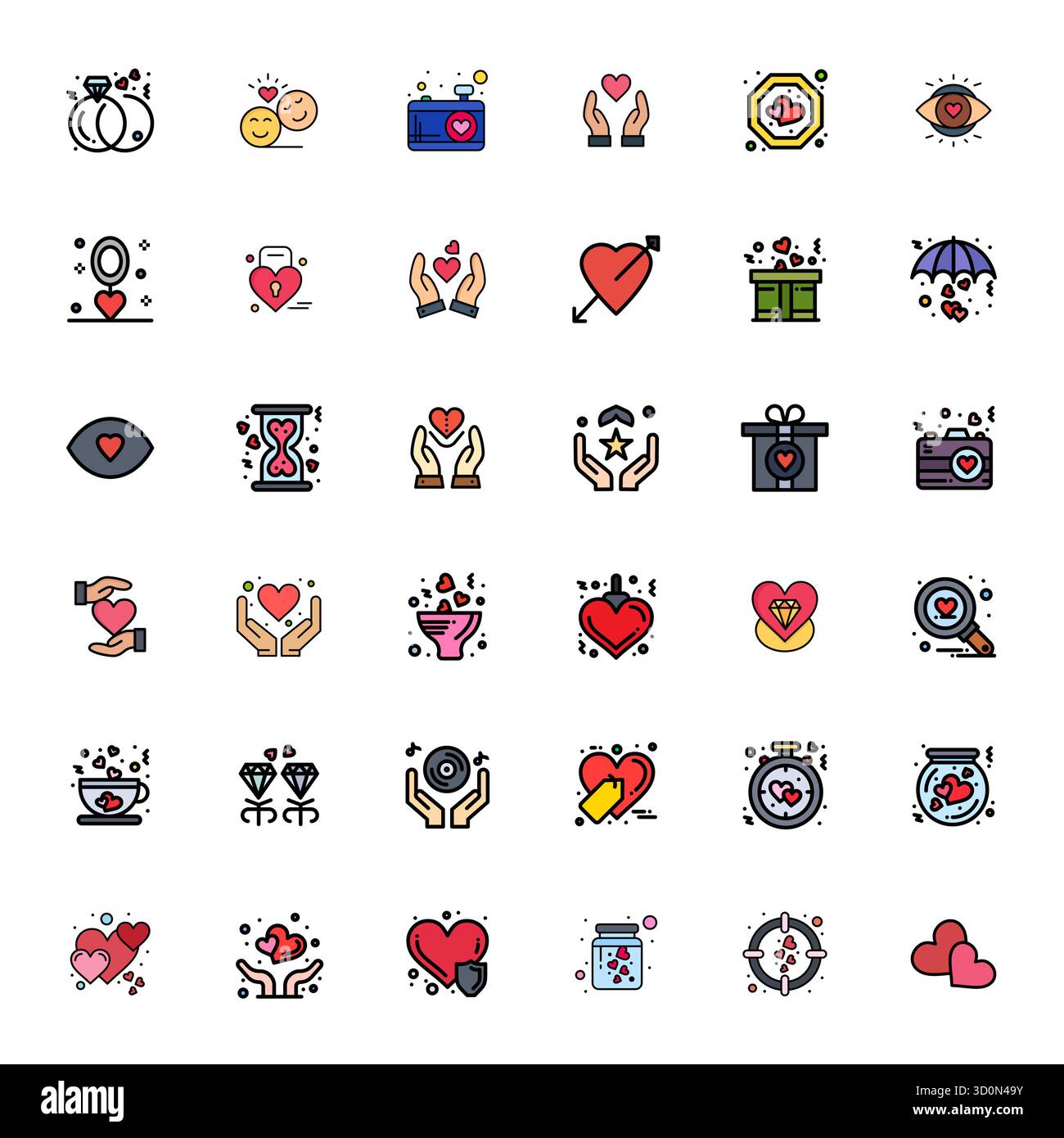Exklusive Sammlung von 36 mit flachen Linien gefüllten Vektorsymbolen für CHERISH, entwickelt mit einer perfekten Auflösung von 128x128 PIXELN für erstklassige Markenerlebnisse. Stock Vektor