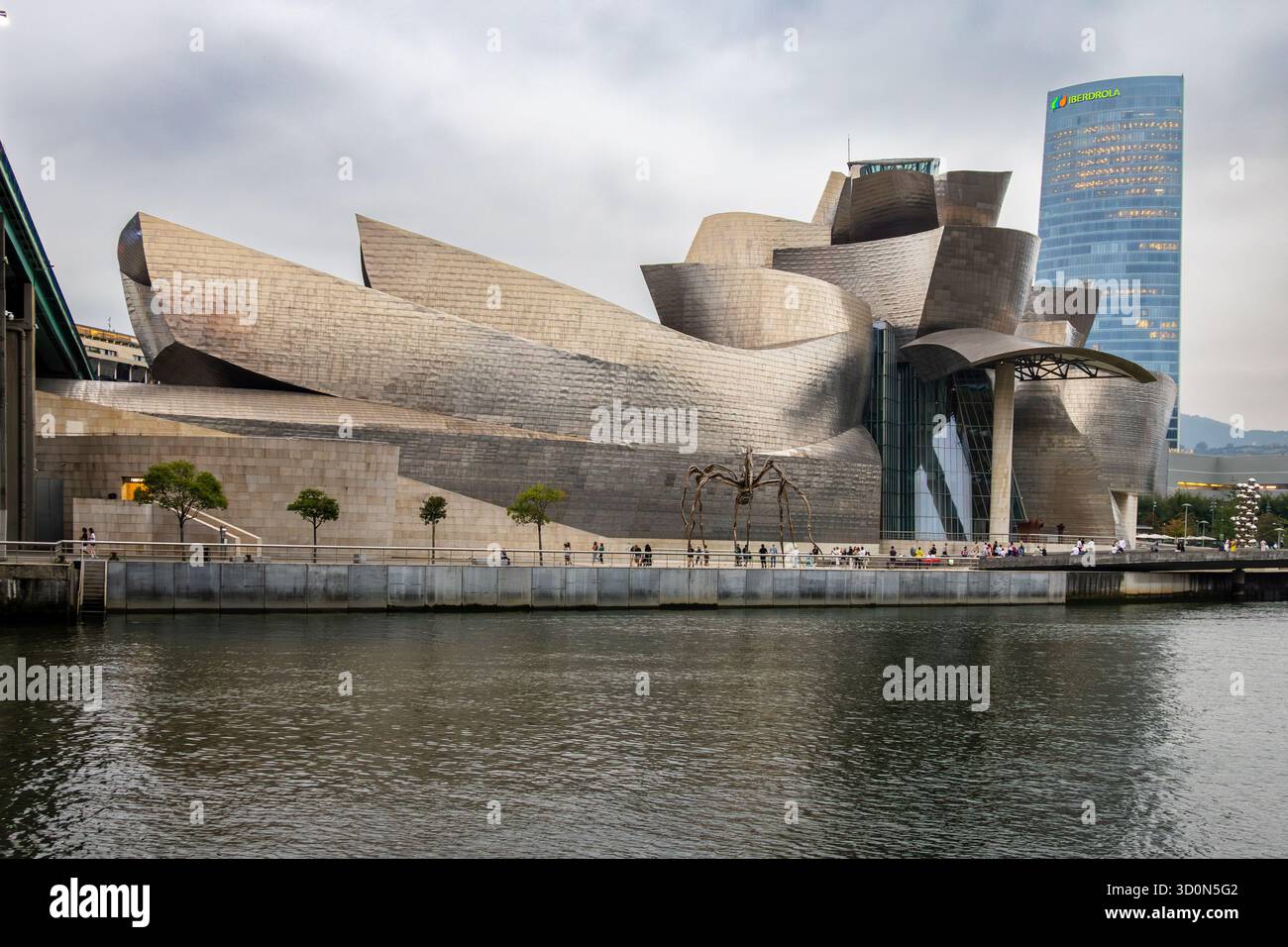 Blick auf die Titankurven des Guggenheim Museums, die den Fluss Nervión unter einem bewölkten Himmel reflektieren, im Gegensatz zu modernen Wolkenkratzern, Bilbao, Spanien. Stockfoto
