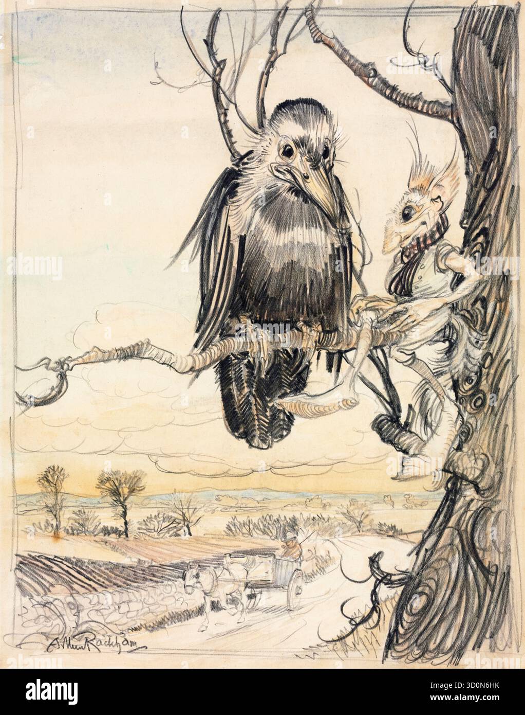 Arthur Rackham, Ein Eichhörnchen und eine Krähe, Illustration in Stift und Tinte mit Bleistift, vor 1939 Stockfoto