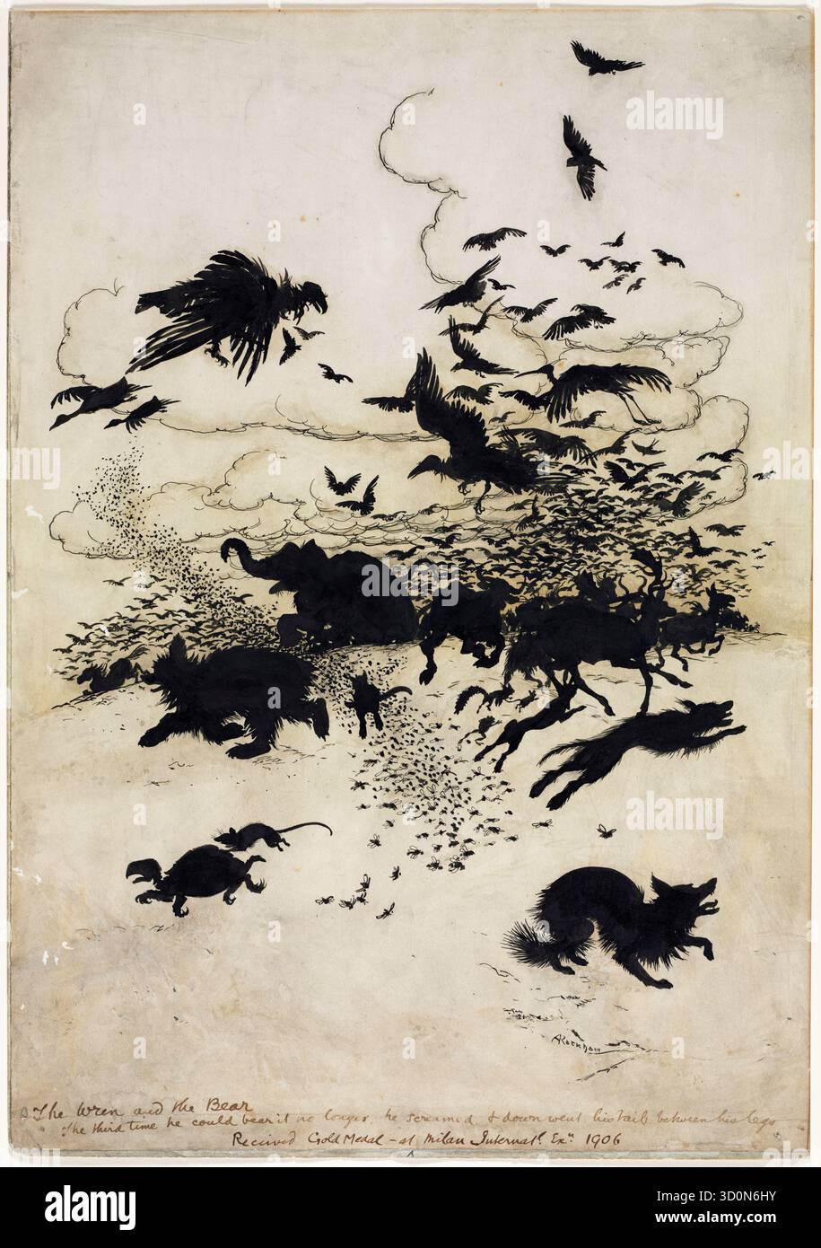 Arthur Rackham, der Wren und der Bär, Silhouettenillustration in Stift und Tinte mit Aquarell, 1906 Stockfoto