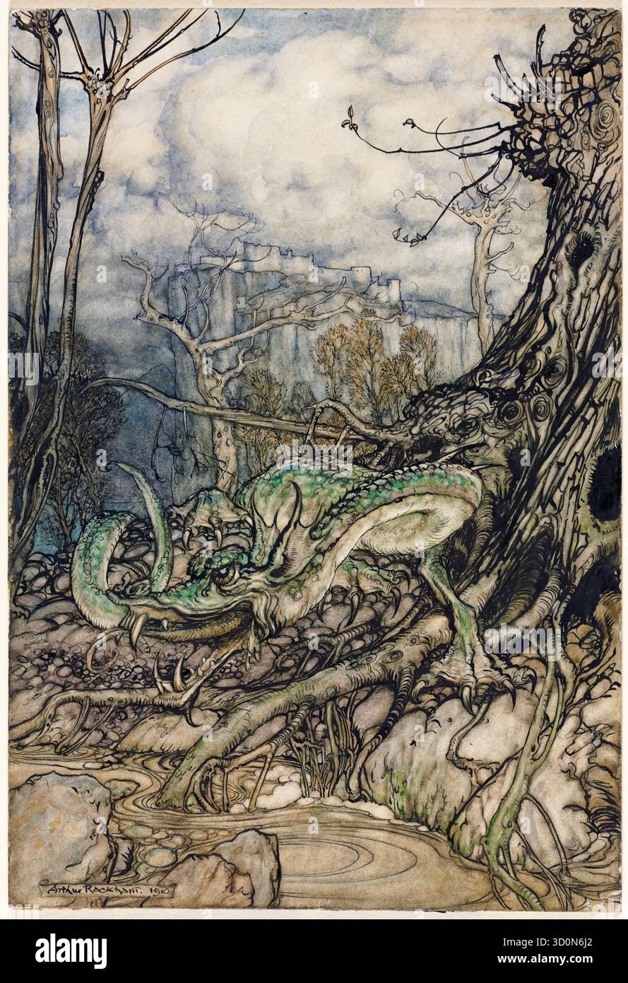 Arthur Rackham Illustration, der Grüne Drache, Stift und Tinte mit Aquarell, 1910 Stockfoto