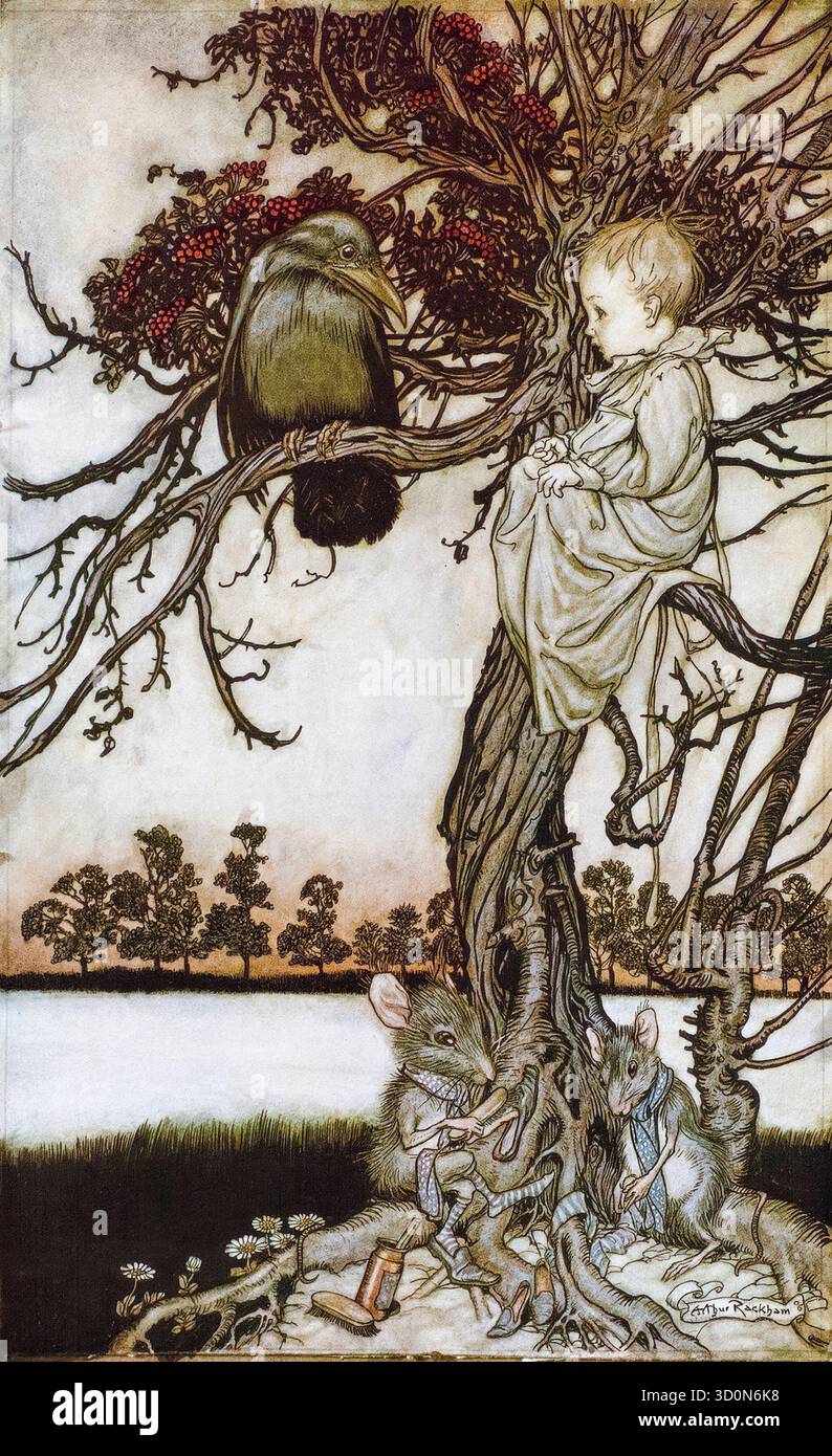 Arthur Rackham, Peter Pan legt seinen seltsamen Fall vor Solomon Crow, Illustration in Stift und Tinte mit Aquarell, 1914 Stockfoto