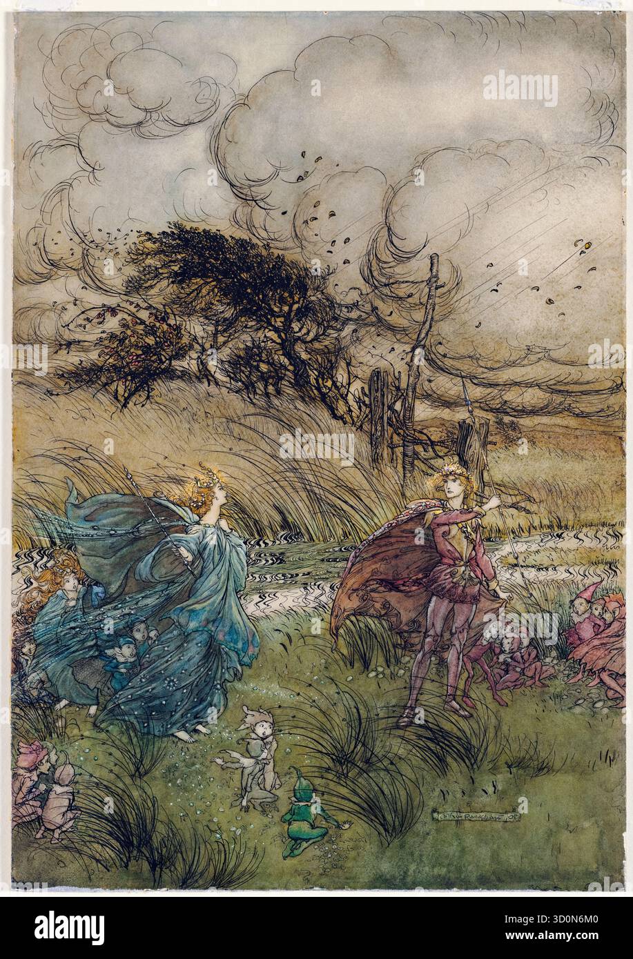 Arthur Rackham, Oberon and Titania, (Ein Sommernachtstraum), „and Now They Never Meet in Grove or Green“, Illustration in Stift und Tinte mit Aquarell, 1908 Stockfoto