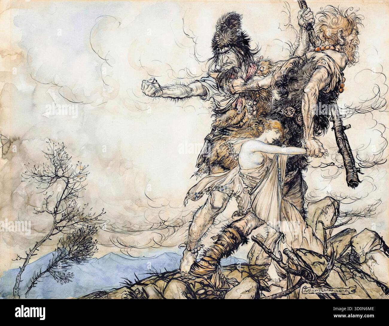 Arthur Rackham, die Riesen Fasolt und Fafner entführen Freia, Göttin der Liebe, Illustration in Stift und Tinte mit Aquarell, 1910 Stockfoto