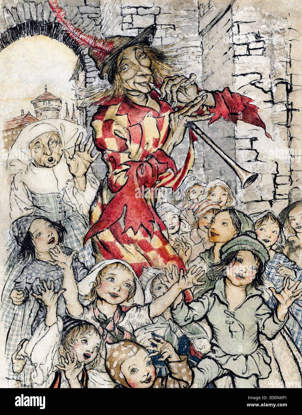Arthur Rackham, der Rattenfänger von Hameln, Illustration in Stift und Tinte mit Aquarell, um 1934 Stockfoto