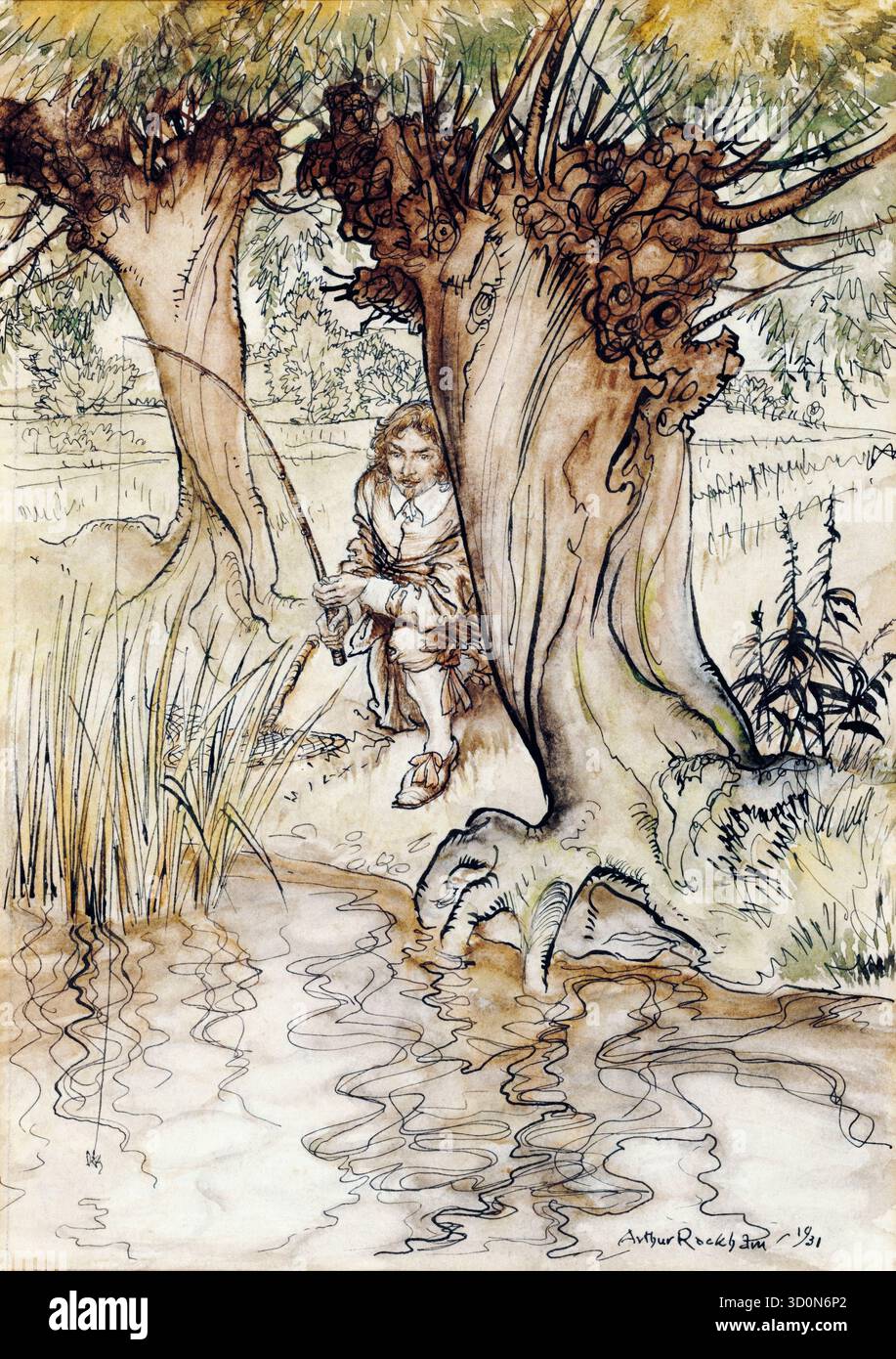 Arthur Rackham, verschwinde heimlich hinter dem Baum, Illustration in Stift und Tinte mit Aquarell, 1931 Stockfoto