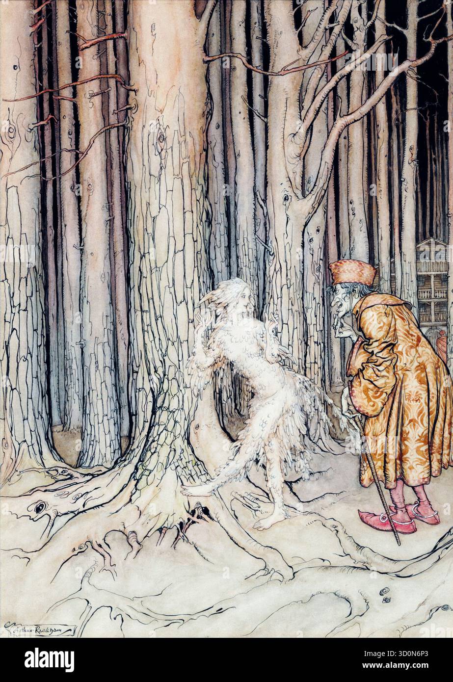 Arthur Rackham, „endlich traf sie den Bräutigam, der langsam zurückkam“ (Fitcher's Bird), Illustration in Stift und Tinte mit Aquarell, 1917 Stockfoto Arthur Rackham, „endlich traf sie den Bräutigam, der langsam zurückkam“ (Fitcher's Bird), Illustration in Stift und Tinte mit Aquarell, 1917 Stockfoto