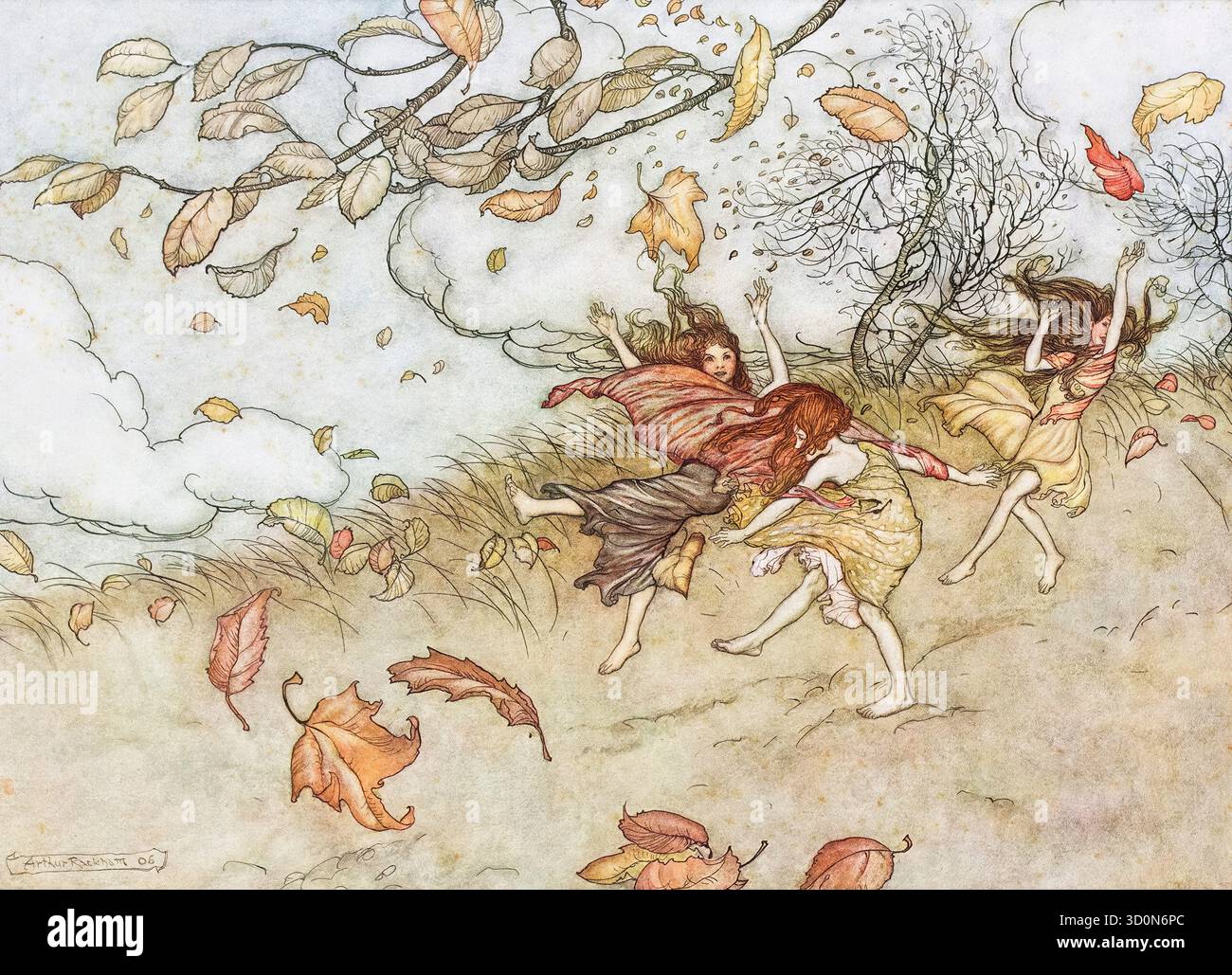 Arthur Rackham Illustration, Feen tanzen in gefallenen Blättern, (Peter Pan), Stift und Tinte mit Aquarell, 1912 Stockfoto