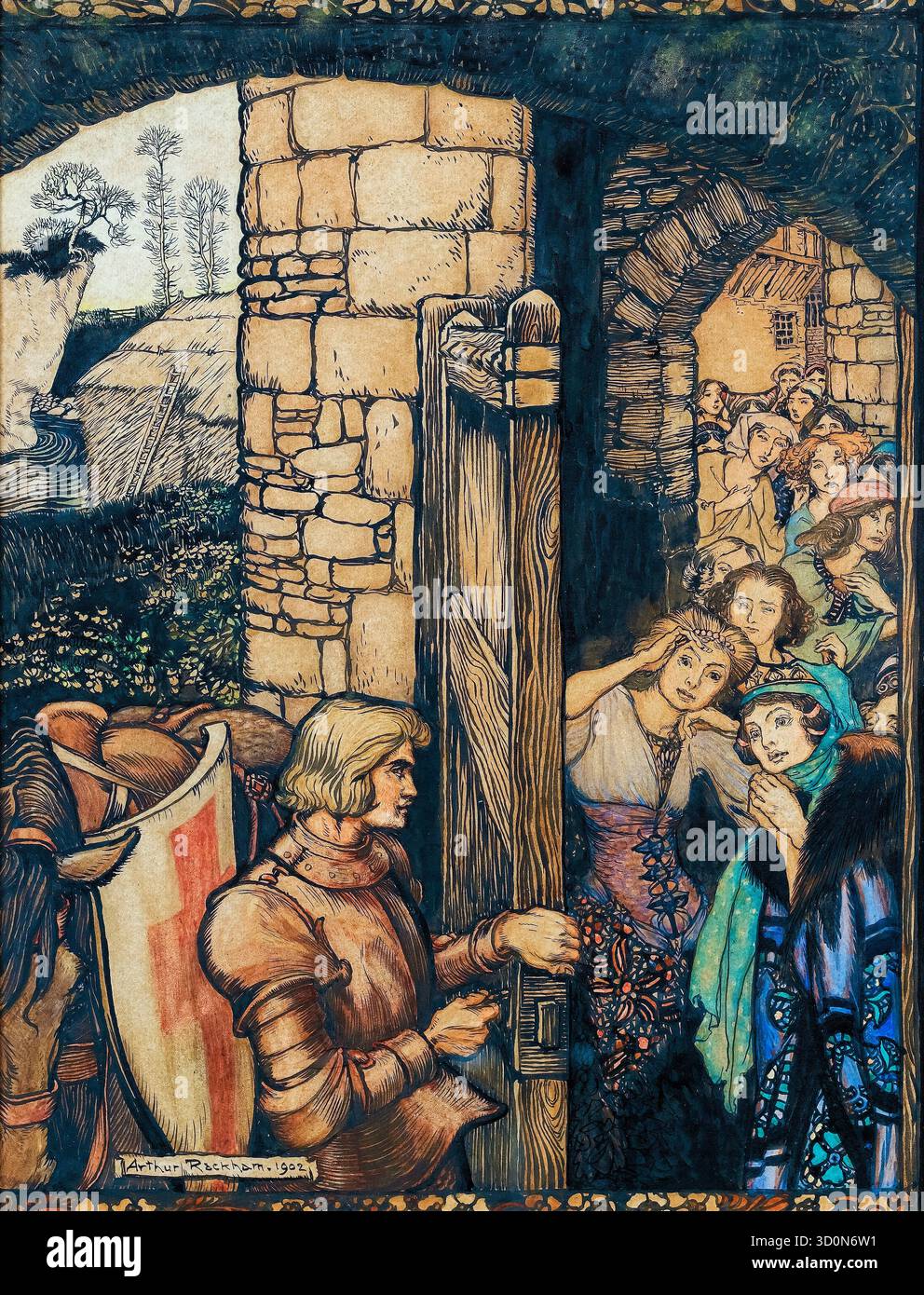 Arthur Rackham, Sir Galahad öffnet die Tore der Burg von Maidens, Illustration in Stift und Tinte mit Aquarell, 1902 Stockfoto