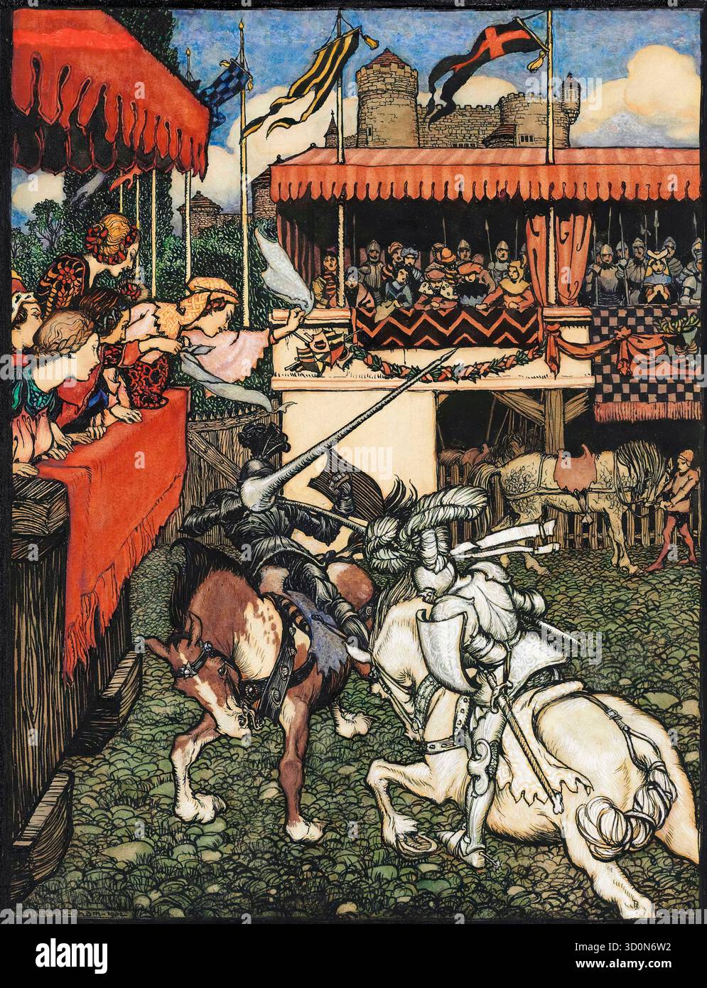 Arthur Rackham, Sir Tristram besiegt Sir Palamedes in Irland, Illustration in Stift und Tinte mit Aquarell, 1902 Stockfoto